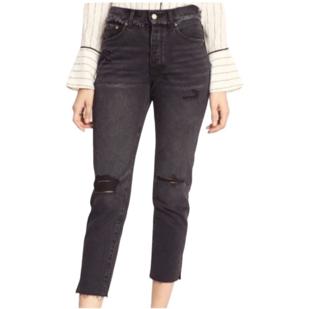 NEON Blonde Siren Mum Fit High Rise Denim Jeans Frayed Black Wash Women's 28